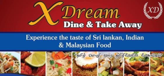Ths image shows xdream dine & take away logo with many food options