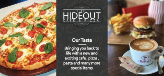 This image shows coffee and pizza done by Hideout cafe